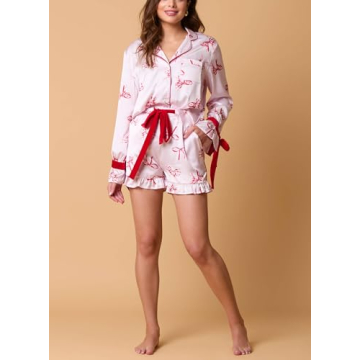 Fenghualzzniya Women Cute Christmas Pajamas 2 Piece Lounge Set Long Sleeve Shirts and Shorts Y2k Pajama Sets Sleepwear, Ruffle Pink, Small