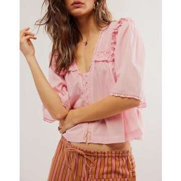 Women Summer Button Down Sheer Shirts Y2k Short Sleeve Ruffle Trim Blouse V Neck Chiffon Crop Top St...