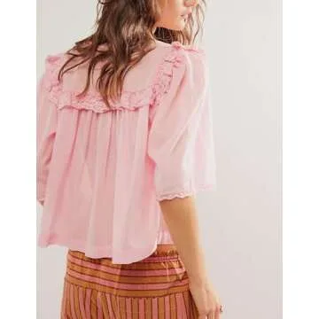 Women Summer Button Down Sheer Shirts Y2k Short Sleeve Ruffle Trim Blouse V Neck Chiffon Crop Top Streetwear (Pink, L)