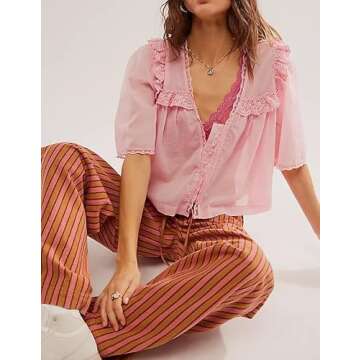 Women Summer Button Down Sheer Shirts Y2k Short Sleeve Ruffle Trim Blouse V Neck Chiffon Crop Top Streetwear (Pink, L)