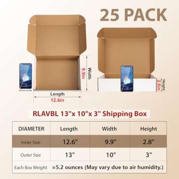 RLAVBL 13x10x3 Shipping Boxes Set of 25, White Corrugated Cardboard Box for Packing, Mailing, Business