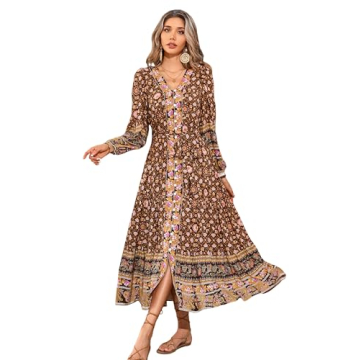 R.Vivimos Women's Long Sleeve Boho Midi Dress V Neck Floral Print Casual Button Down Loose Ruffle Be...
