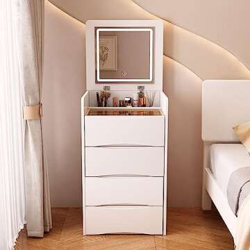 Makeup Desk with Drawers, Vanity Desk with Flip-top LED Light Mirror, Small Makeup Vanity Set with 3...