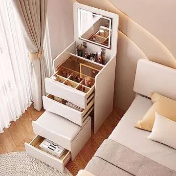 Makeup Desk with Drawers, Vanity Desk with Flip-top LED Light Mirror, Small Makeup Vanity Set with 3 Drawers, Vanity for Girls Women with Storage Stool, White Vanity Table for Bedroom