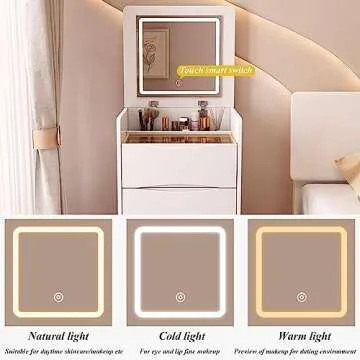 Makeup Desk with Drawers, Vanity Desk with Flip-top LED Light Mirror, Small Makeup Vanity Set with 3 Drawers, Vanity for Girls Women with Storage Stool, White Vanity Table for Bedroom