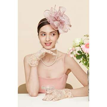 Gionforsy Kentucky Derby Hat Fascinator Veil Set with Earrings and Gloves for Tea Parties