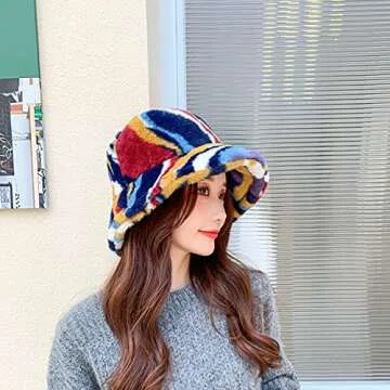 Furry Bucket Hat for Women Multicolored Winter Faux Fur Fisherman Hat Thick Solid Fluffy Fuzzy Warm Plush Bucket Hats