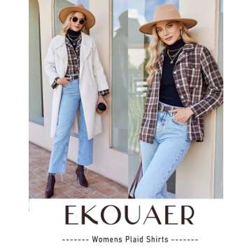 Ekouaer Pajamas Set for Womens 2 Piece Cotton Plaid Pjs Long Sleeve Sleepwear Soft Button Down Loungewear with Pockets