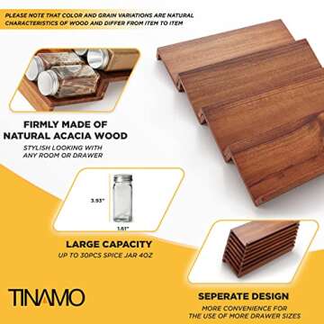 Tinamo Wood Spice Drawer Organizer - Acacia Wooden Tray Spice Racks Organizer for Cabinet Storage Sh...