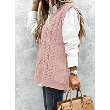 Happy Sailed Womens V Neck Sweater Vest Oversized Cable Knitted Sleeveless Sweaters Tops S-2XL