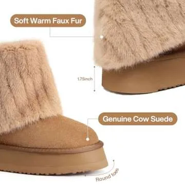 Pasuot Platform Fur Boots for Women - Genuine Cow Suede Platform Furry Faux Fur Boots, Fuzzy Fleece Lined Ankle Boots, Warm Winter Classic Short Mini Bootie for Indoor Outdoor, Anti-slip Sole, 7