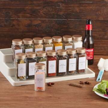 25 Pcs Spice Jars with Label- Glass Spice Jars with Gold Metal Caps,Shaker Lids, Funnel, Chalk Pen, Brush,Cleaning Cloth,Skiileor 4oz Seasoning Containers Bottles for Spice Rack, Cabinet, Drawer