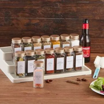 25 Pcs Spice Jars with Label- Glass Spice Jars with Gold Metal Caps,Shaker Lids, Funnel, Chalk Pen, Brush,Cleaning Cloth,Skiileor 4oz Seasoning Containers Bottles for Spice Rack, Cabinet, Drawer