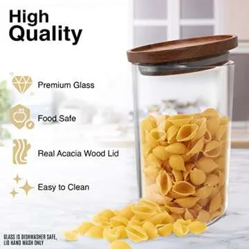 Essos Glass Jars with Wood Lids Set (4) of 18 fl oz Airtight and Stackable Storage Containers for the Kitchen or Pantry Canister Wooden Acacia Lid holds Food Cookies Coffee Pasta