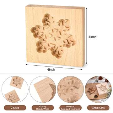 Meanplan Carved Wooden Cookie Mold, Baking Embossing Cookies Stamp Mold Cutter Funny 3D Heart Wood Rose Dessert Tools for Christmas Kitchen DIY Baking Tools (Heart Rose)(Snowflakes)