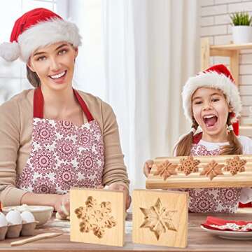 Meanplan Carved Wooden Cookie Mold, Baking Embossing Cookies Stamp Mold Cutter Funny 3D Heart Wood Rose Dessert Tools for Christmas Kitchen DIY Baking Tools (Heart Rose)(Snowflakes)
