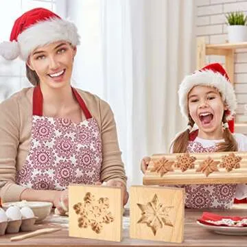 Meanplan Carved Wooden Cookie Mold, Baking Embossing Cookies Stamp Mold Cutter Funny 3D Heart Wood Rose Dessert Tools for Christmas Kitchen DIY Baking Tools (Heart Rose)(Snowflakes)