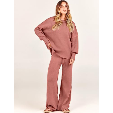 ANRABESS Women 2 Piece Outfits Oversized Chunky Knit Sweater Top Wide Leg Pants 2024 Fall Lounge Set Trendy Cozy Clothes Red Medium