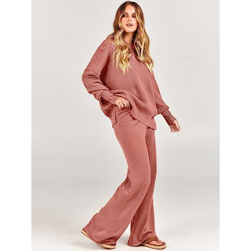 ANRABESS Women 2 Piece Outfits Oversized Chunky Knit Sweater Top Wide Leg Pants 2024 Fall Lounge Set Trendy Cozy Clothes Red Medium