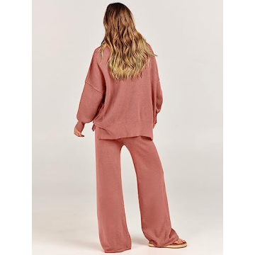 ANRABESS Women 2 Piece Outfits Oversized Chunky Knit Sweater Top Wide Leg Pants 2024 Fall Lounge Set Trendy Cozy Clothes Red Medium