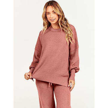 ANRABESS Women 2 Piece Outfits Oversized Chunky Knit Sweater Top Wide Leg Pants 2024 Fall Lounge Set Trendy Cozy Clothes Red Medium