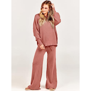 ANRABESS Women 2 Piece Outfits Oversized Chunky Knit Sweater Top Wide Leg Pants 2024 Fall Lounge Set Trendy Cozy Clothes Red Medium