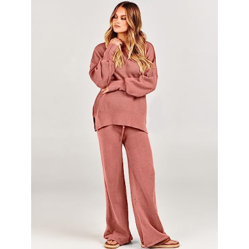 ANRABESS Women 2 Piece Outfits Oversized Chunky Knit Sweater Top Wide Leg Pants 2024 Fall Lounge Set Trendy Cozy Clothes Red Medium