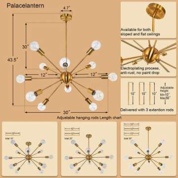 Stunning Comigal Brass Gold Sputnik 12-Light Chandelier