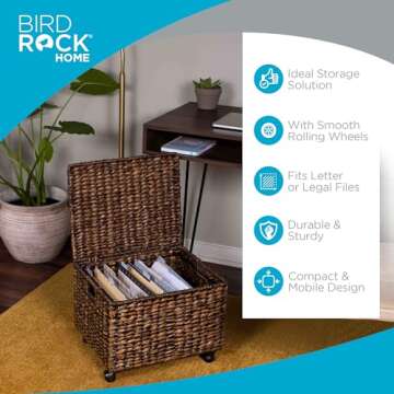 BIRDROCK HOME Rolling File Cabinet with Lid | Small Wooden Under Desk Organizer | Seagrass Basket wi...