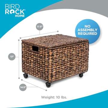 BIRDROCK HOME Rolling File Cabinet with Lid | Small Wooden Under Desk Organizer | Seagrass Basket with Wheels | Portable Home Office Filing System - Mini Decorative Box, Single Drawer, Brown Wash