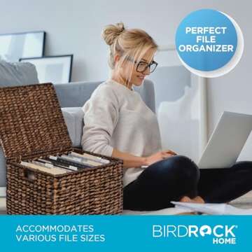 BIRDROCK HOME Rolling File Cabinet with Lid | Small Wooden Under Desk Organizer | Seagrass Basket with Wheels | Portable Home Office Filing System - Mini Decorative Box, Single Drawer, Brown Wash