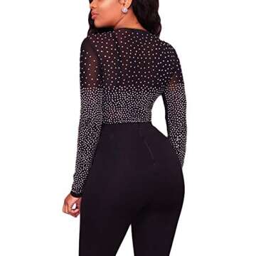 Lrady Women V Neck Long Sleeve Rhinestone Mesh Bodysuit Tops Thong Shirt Black S