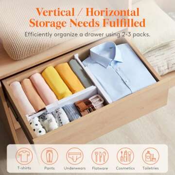 Lifewit 9 Pack Drawer Dividers 4" High, 11-17" Adjustable Drawer Organizers for Clothes, Expandable Dresser Separators in Bedroom/Bathroom/Kitchen/Fridge/Office Organization and Storage, White