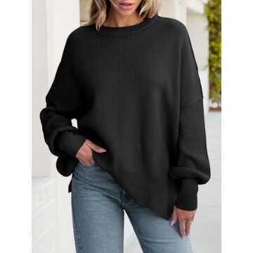 ANRABESS Women Crewneck Batwing Long Sleeve 2024 Fall Oversized Side Slit Ribbed Knit Pullover Sweat...