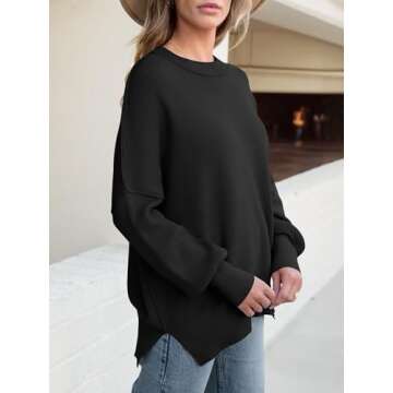 ANRABESS Women Crewneck Batwing Long Sleeve 2024 Fall Oversized Side Slit Ribbed Knit Pullover Sweaters Top Cozy Outfits Black Small