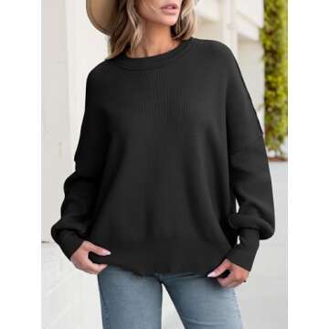 ANRABESS Women Crewneck Batwing Long Sleeve 2024 Fall Oversized Side Slit Ribbed Knit Pullover Sweaters Top Cozy Outfits Black Small