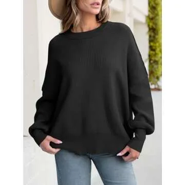 ANRABESS Women Crewneck Batwing Long Sleeve 2024 Fall Oversized Side Slit Ribbed Knit Pullover Sweaters Top Cozy Outfits Black Small