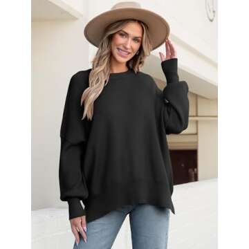 ANRABESS Women Crewneck Batwing Long Sleeve 2024 Fall Oversized Side Slit Ribbed Knit Pullover Sweaters Top Cozy Outfits Black Small