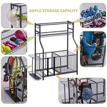 Garage Sports Equipment Storage Organizer with Baskets and Hooks - Easy to Assemble - Sports Ball Gear Rack Holds Basketballs, Baseball Bats, Footballs, Tennis Rackets and More (Black Rigid)