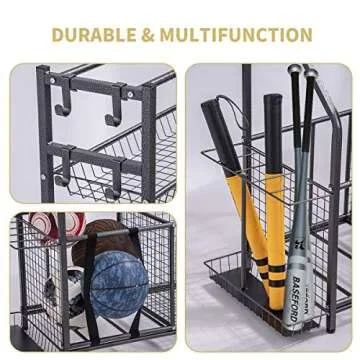Garage Sports Equipment Storage Organizer with Baskets and Hooks - Easy to Assemble - Sports Ball Gear Rack Holds Basketballs, Baseball Bats, Footballs, Tennis Rackets and More (Black Rigid)