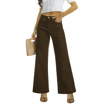 ONESO Womens Flare Jeans High Waist Brown Wide Leg Jeans for Women Stretch Tummy Control Baggy Trous...