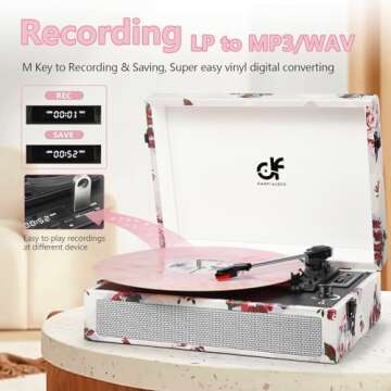 Vinyl Record Player Bluetooth with Built-in Speakers, Vintage Portable Turntable 3 Speed with USB Recording Headphone/RCA/AUX Jack Floral Record Player White