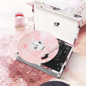Vinyl Record Player Bluetooth with Built-in Speakers, Vintage Portable Turntable 3 Speed with USB Recording Headphone/RCA/AUX Jack Floral Record Player White