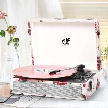 Vinyl Record Player Bluetooth with Built-in Speakers, Vintage Portable Turntable 3 Speed with USB Recording Headphone/RCA/AUX Jack Floral Record Player White