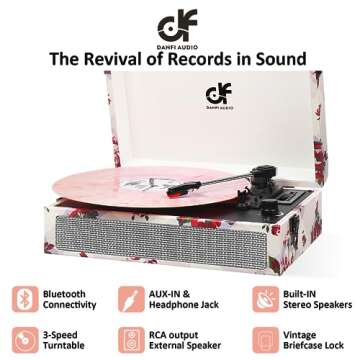Vinyl Record Player Bluetooth with Built-in Speakers, Vintage Portable Turntable 3 Speed with USB Recording Headphone/RCA/AUX Jack Floral Record Player White