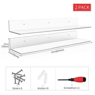 Sezanrpt 24 Inches Clear Floating Shelves for Wall, Acrylic Long Wall Shelf, Wall Mounted Shelves for Plants, Speaker, Radio, Funko Pop, Stuffed Animal, Books, Cosmetics, Toiletries, 2 Pack (24 Inch)