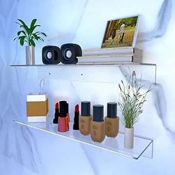 Sezanrpt 24 Inches Clear Floating Shelves for Wall, Acrylic Long Wall Shelf, Wall Mounted Shelves for Plants, Speaker, Radio, Funko Pop, Stuffed Animal, Books, Cosmetics, Toiletries, 2 Pack (24 Inch)
