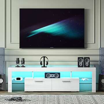 Entrintou Modern LED TV Stand for 55/60/65/70/75 Inch TVs with LED Lights, High Gloss Gaming White E...
