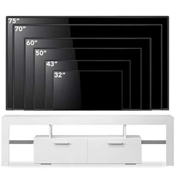 Entrintou Modern LED TV Stand for 55/60/65/70/75 Inch TVs with LED Lights, High Gloss Gaming White Entertainment Centerwith with Open Shelves Storage, TV Table Media Console for Living Room Bedroom