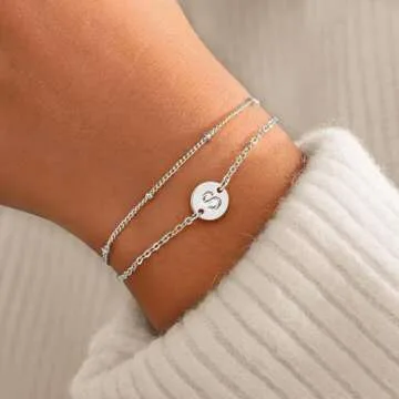 MONOZO Jewelry Gifts for Women Silver Bracelet - 18K Whited Gold Plated Letter S Initial Bracelet Da...